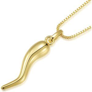 14K Gold Plated Italian Horn Charm Necklace 18'' Good Luck Unisex Jewelry